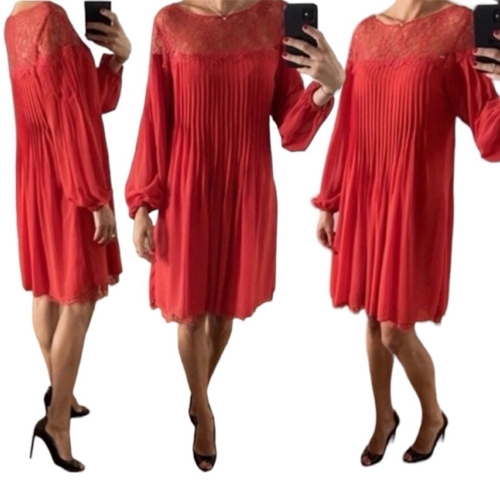 The Kooples Babydoll Long Sleeves Lace Yoke Pleated Dress Red Size Xs Feminine